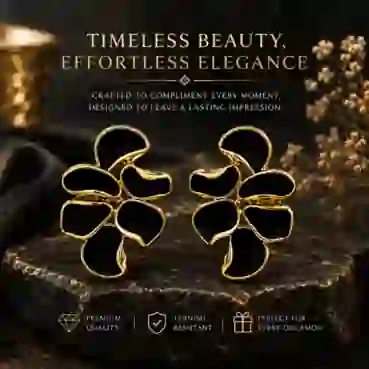 Gorgeous Black Enamel Floral Gold-Tone Earrings